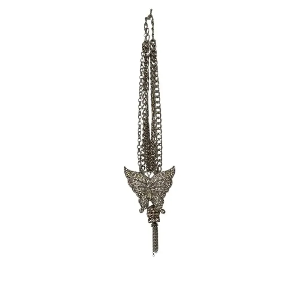 Vintage Silver Tone Rhinestone Butterfly Layered Necklace